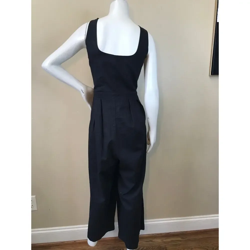 Banana Republic Linen Blend Crop Jumpsuit 14 Black Sleeveless Square Neck